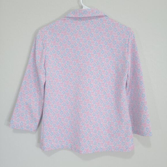 Vintage Shirt 60s 70s Womens M  Pink Blue Floral Stretch Mod Retro Unique Cute - Picture 2 of 9